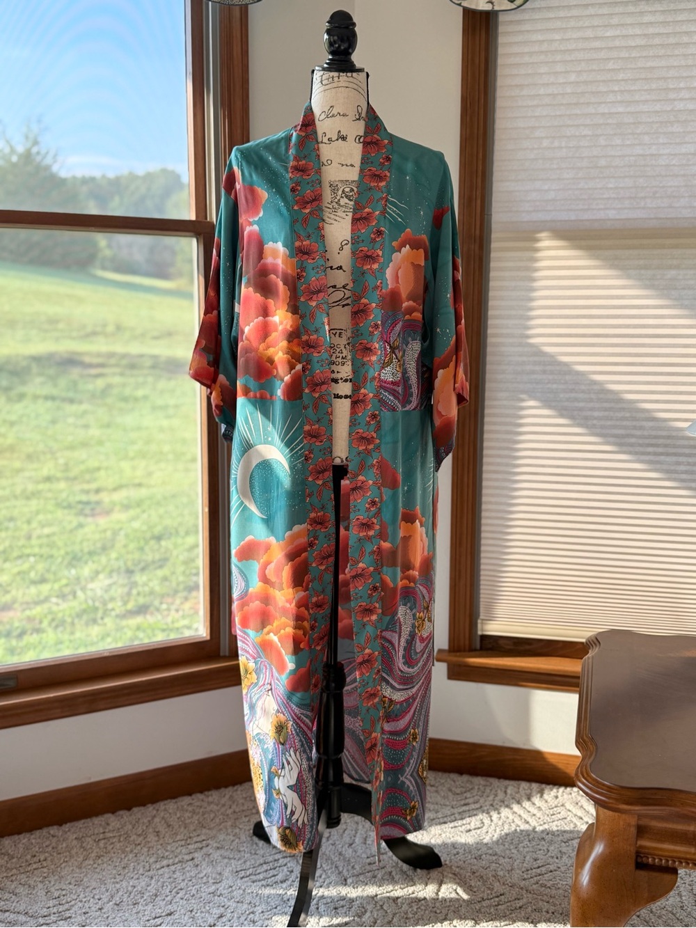 Teal Floral Long Kimono Jacket